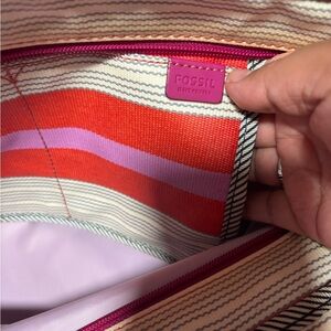 Fossil Striped Tote with Red and Purple Accents